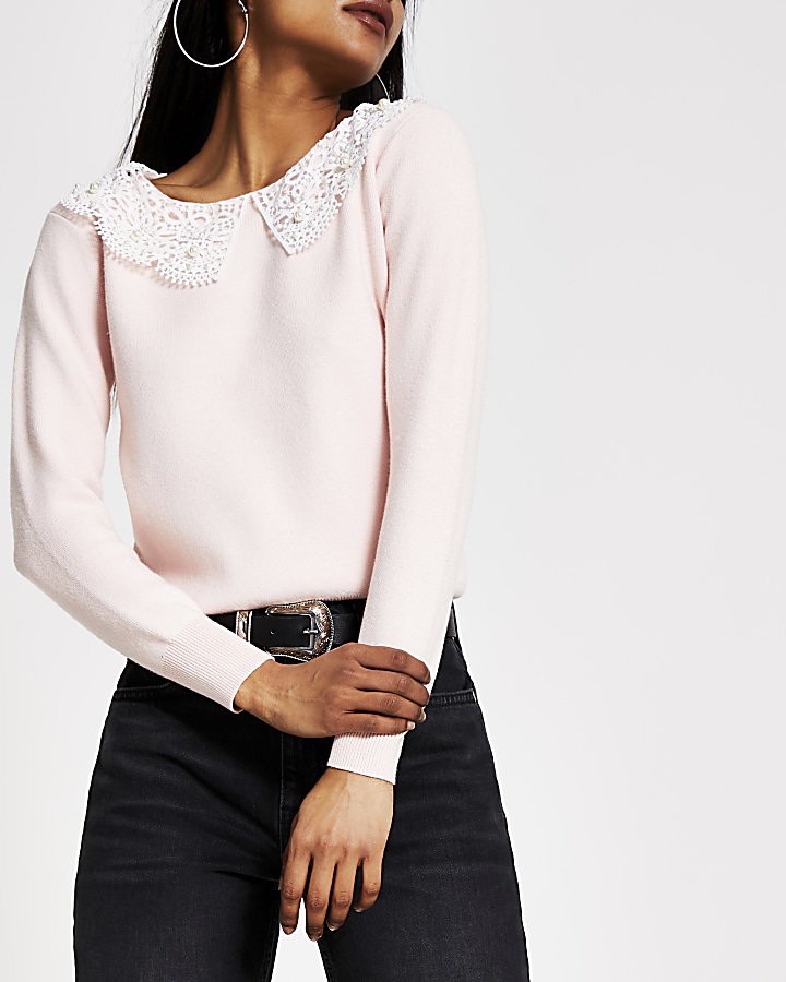 Petite pink broderie pearl collar knit jumper