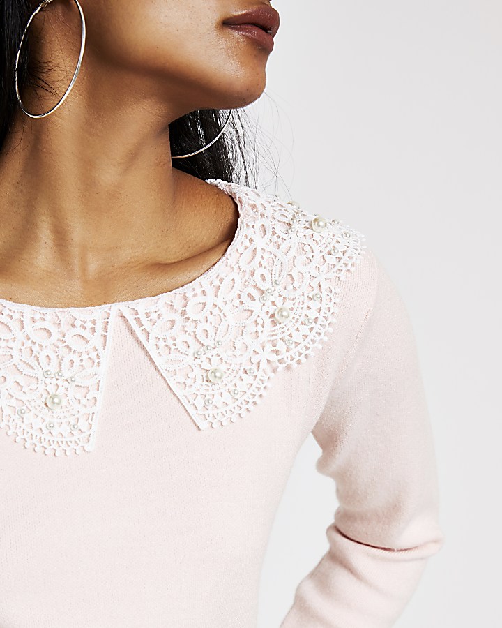 Petite pink broderie pearl collar knit jumper