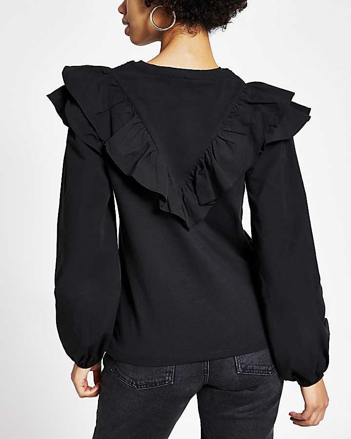 Black long sleeve frill front blouse