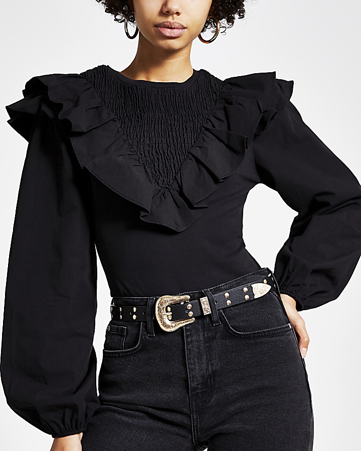 Black long sleeve frill front blouse
