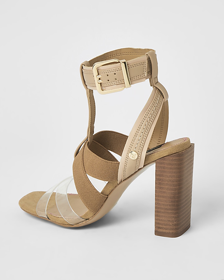 Brown elasticated strap wide fit heel sandals