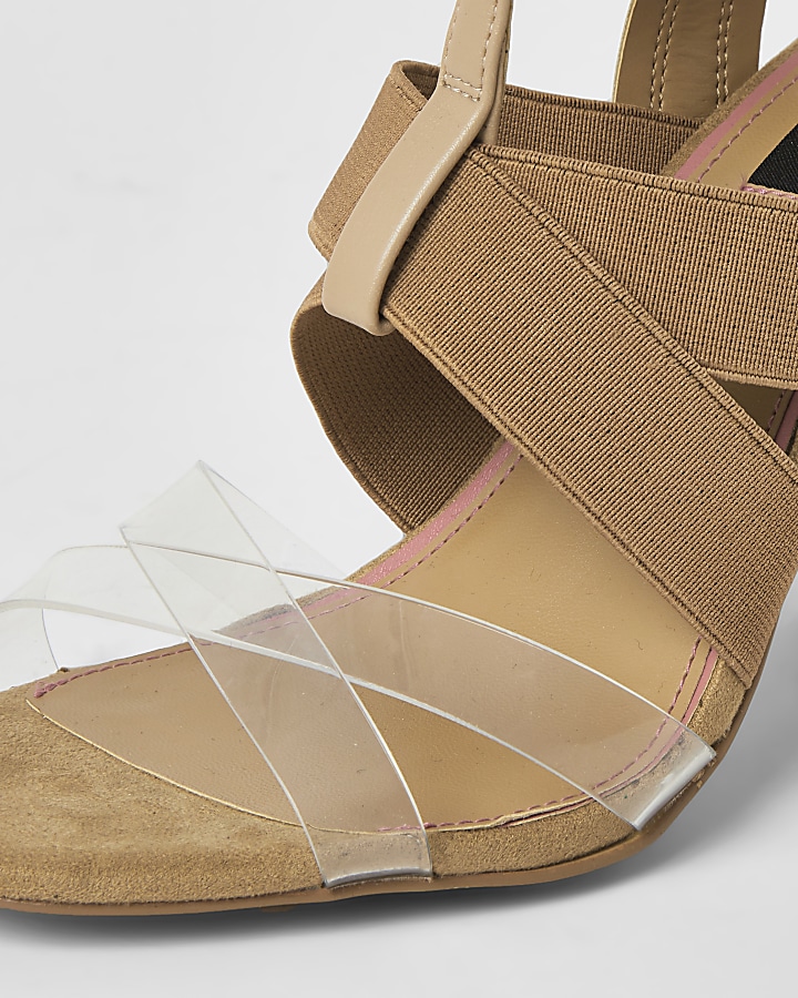 Brown elasticated strap wide fit heel sandals
