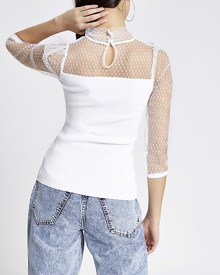 White mesh puff sleeve tie neck blouse
