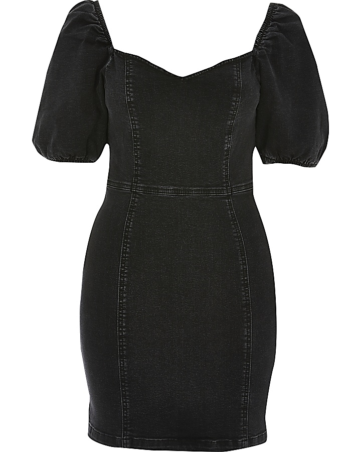Black puff sleeve fitted denim mini dress