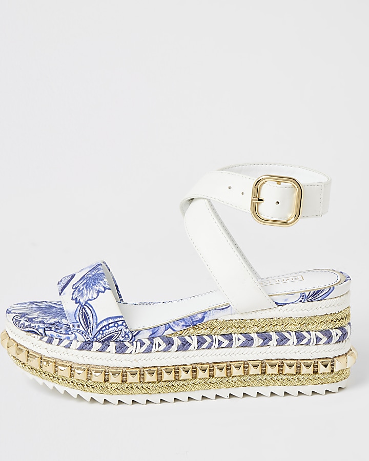 Blue printed studded flatform sandals