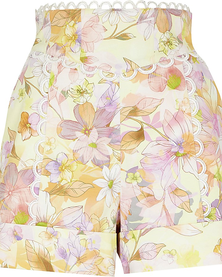 Pink floral high waist embroidered shorts