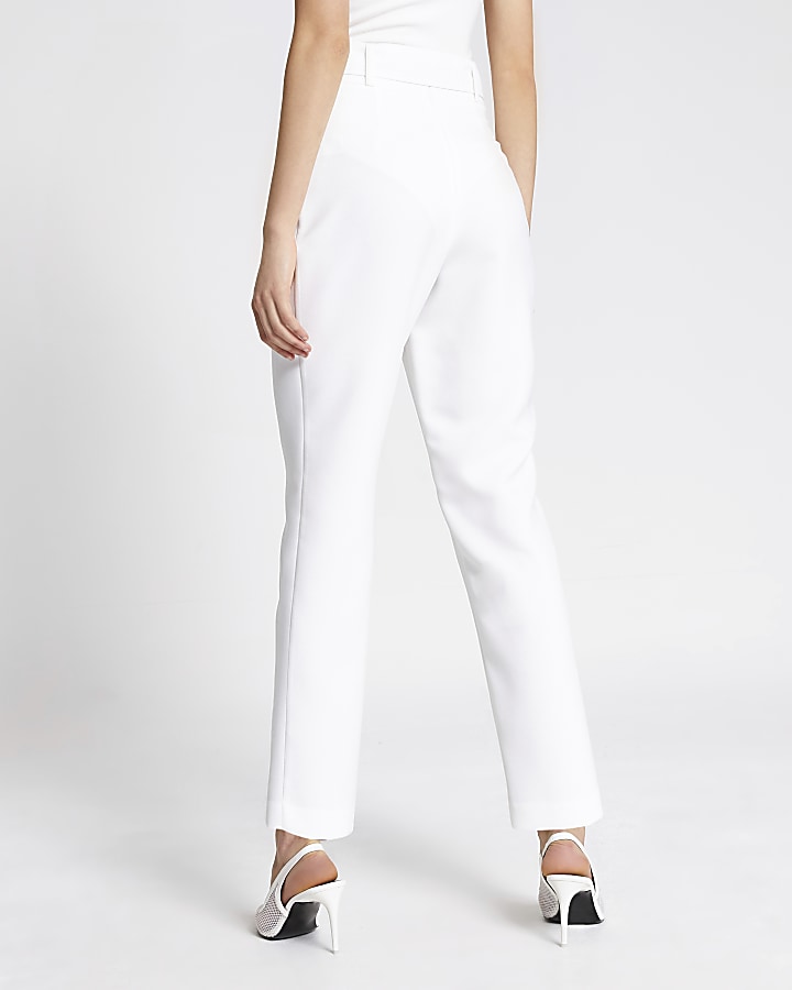 Cream high belted waist tapered trousers