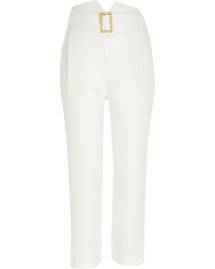 Cream high belted waist tapered trousers