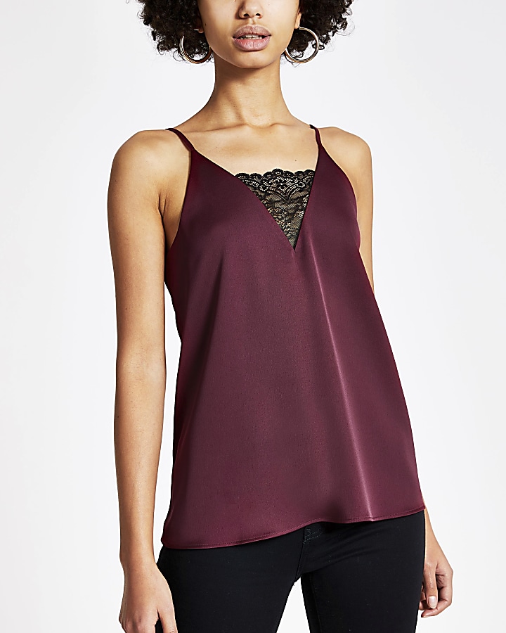 Red lace V neck satin cami top