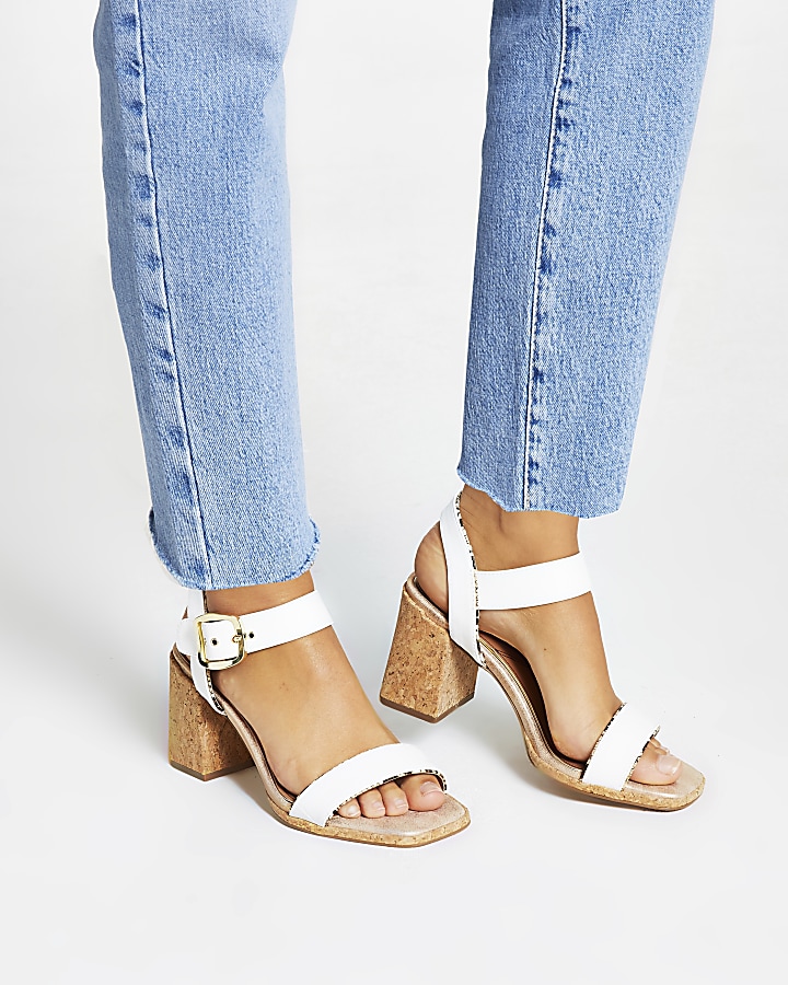 White two part wide fit block heel sandals