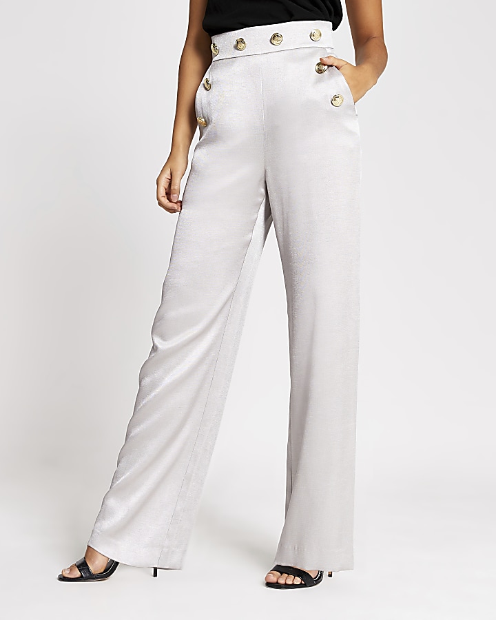 Silver button front wide leg trousers