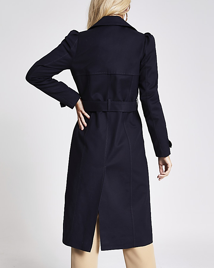 Navy puff sleeve double breasted trench coat