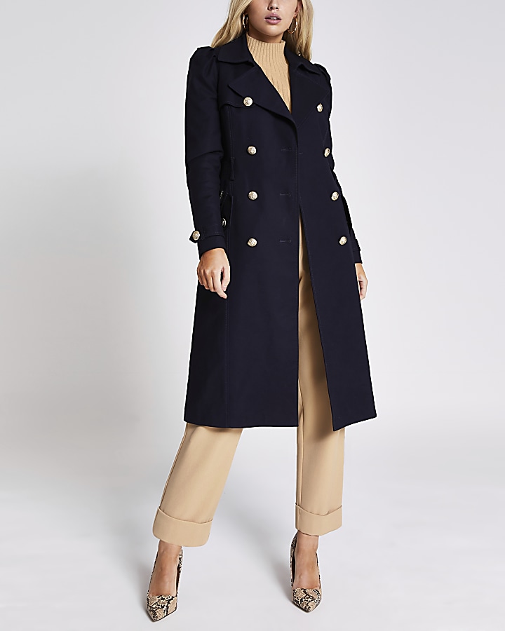 Navy puff sleeve double breasted trench coat