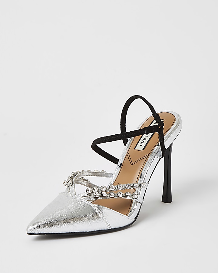 Silver diamante strappy court shoes