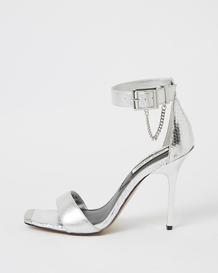 Silver metallic barely there heeled sandals