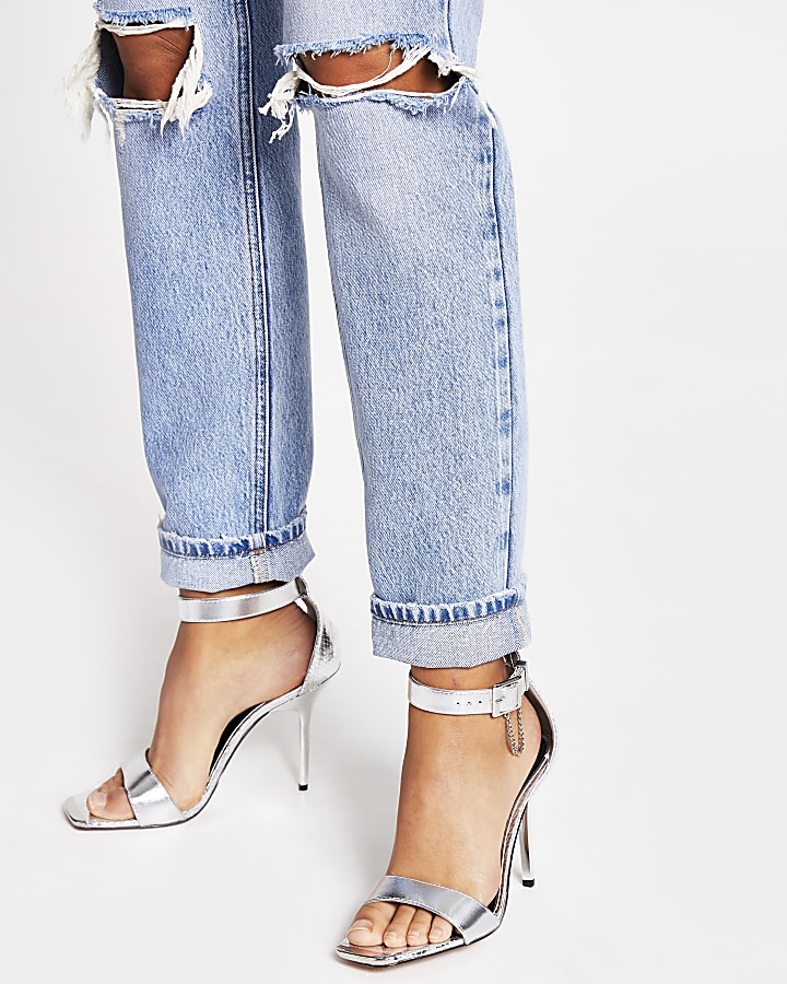 Silver metallic barely there heeled sandals