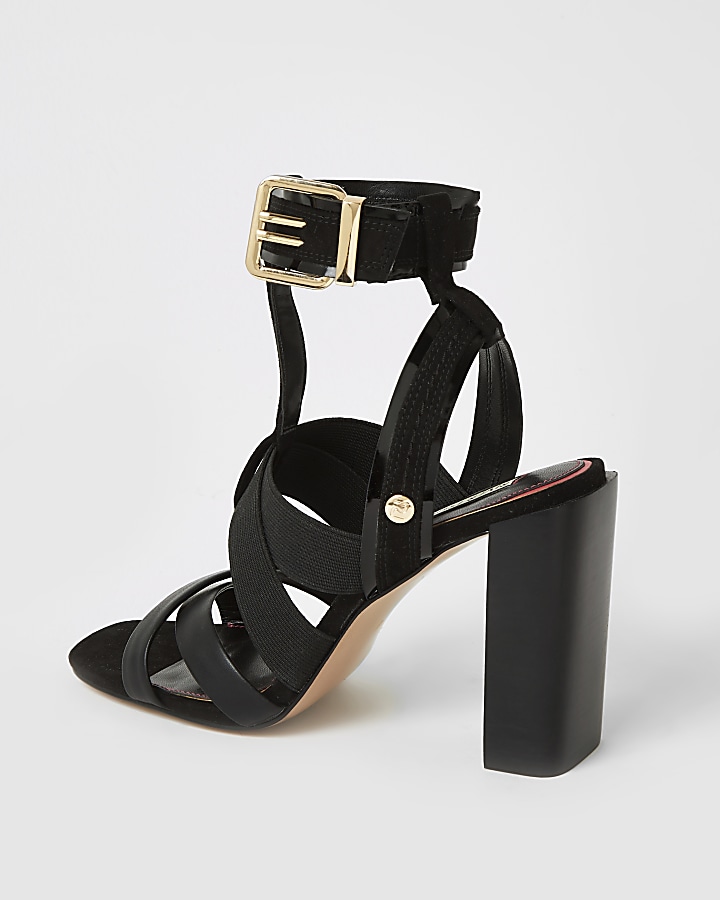 Black elasticated strap block heel sandals