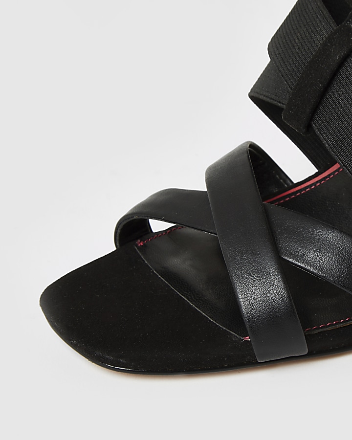 Black elasticated strap block heel sandals
