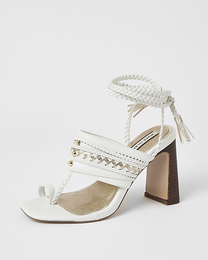 White toe loop plaited lace-up high heels