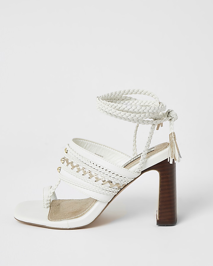 White toe loop plaited lace-up high heels