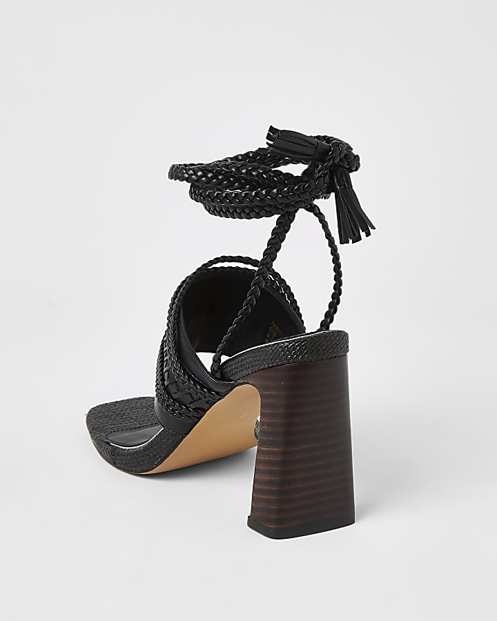 Black toe loop plaited lace-up ankle heels