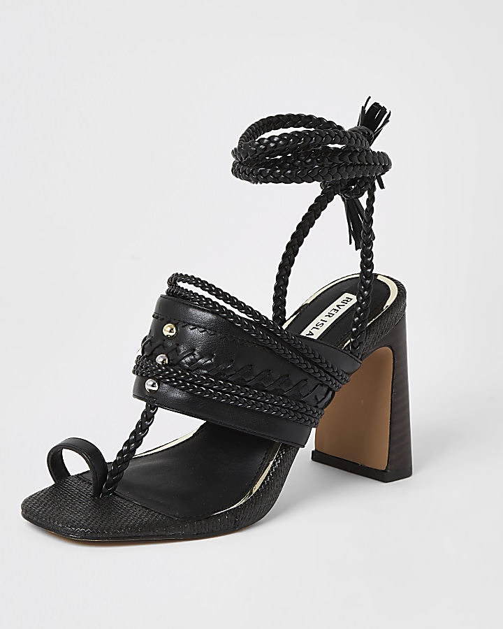 Black toe loop plaited lace-up ankle heels