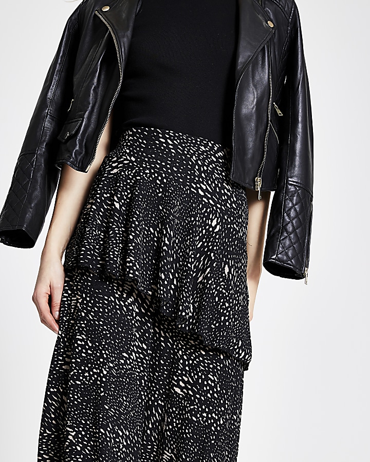 Black printed tiered frill midi skirt