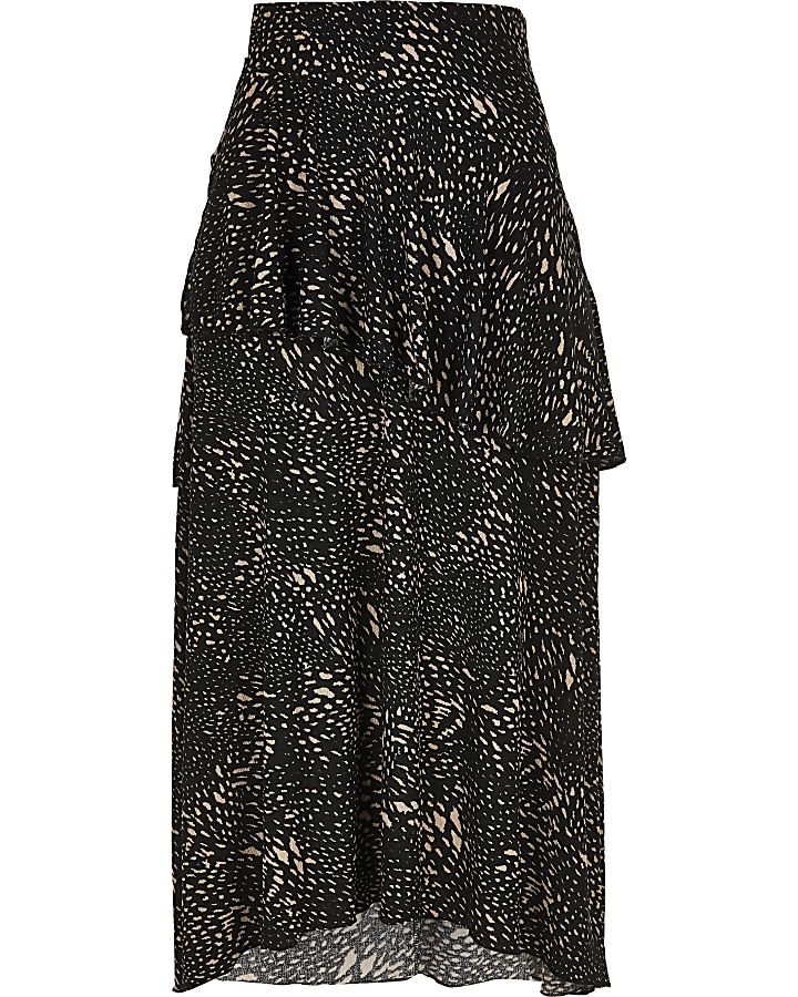 Black printed tiered frill midi skirt