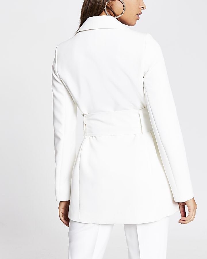 White large belted longline blazer