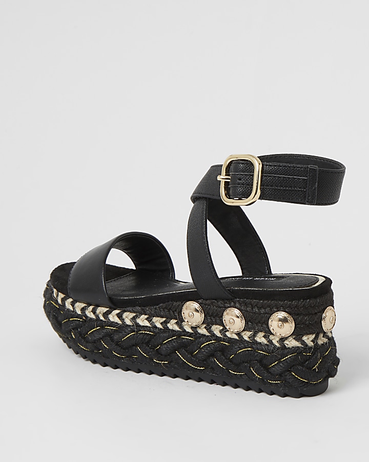 Black plaited espadrille flatform sandals