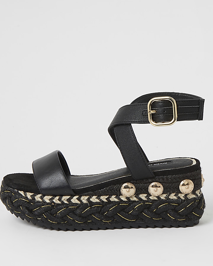 Black plaited espadrille flatform sandals