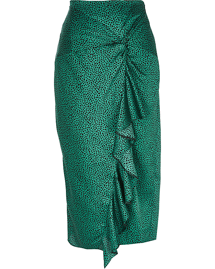 Green animal print twist front midi skirt