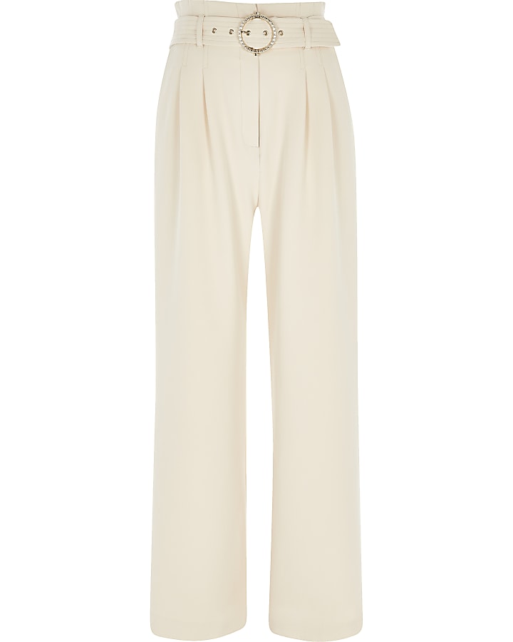 Cream wide leg  belted trousers