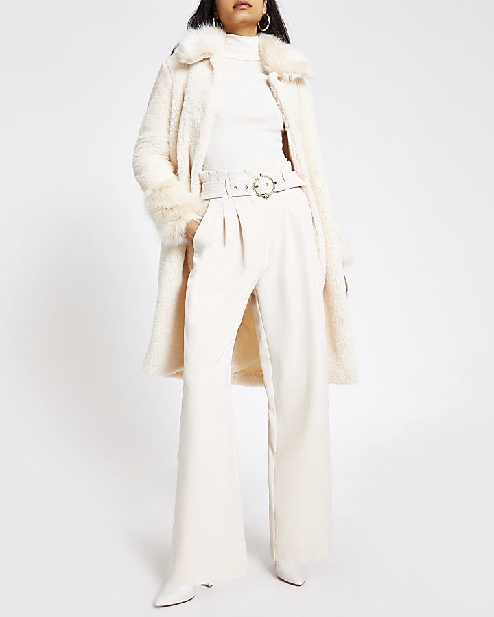 Cream wide leg  belted trousers