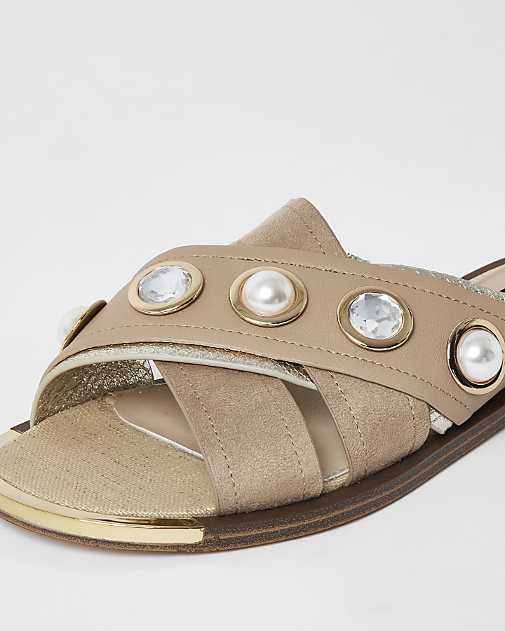 Beige cross over strap embellished sandals