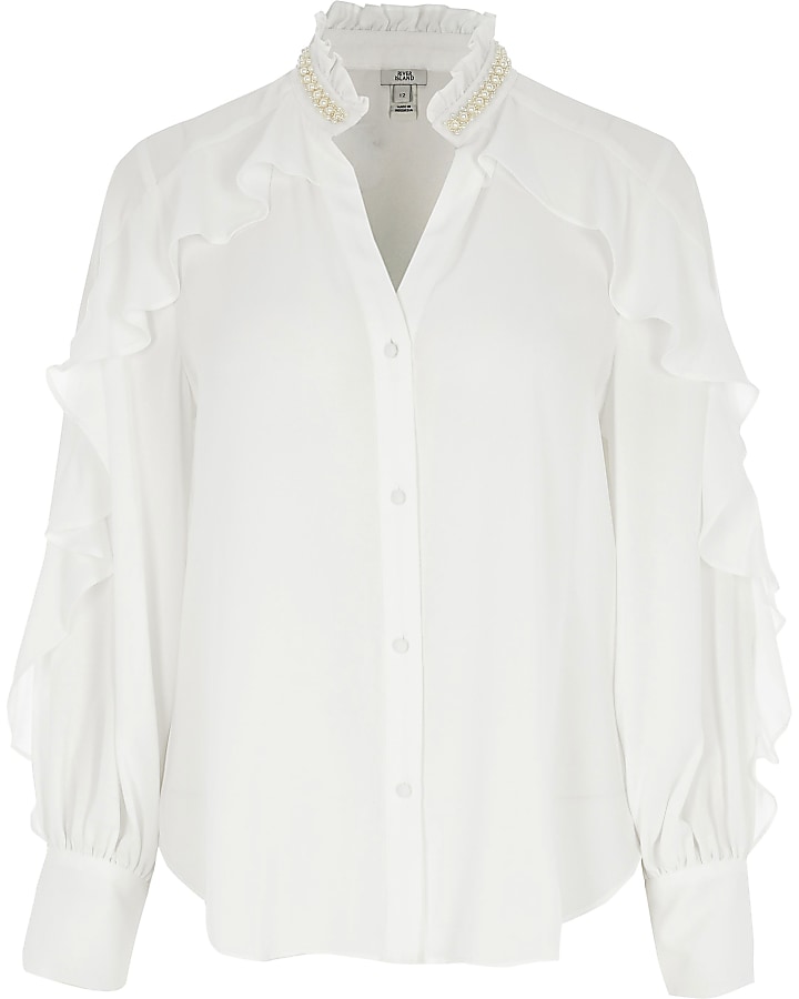 White embellished collar frill shirt