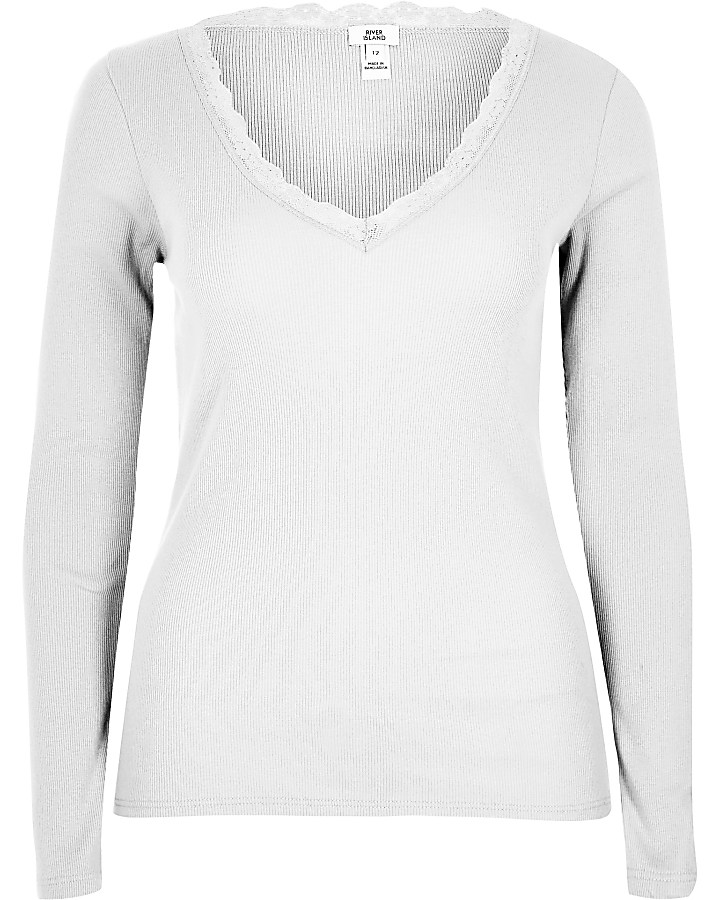 White lace V neck long sleeve top