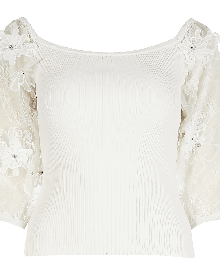 White organza floral embroidered sleeve top