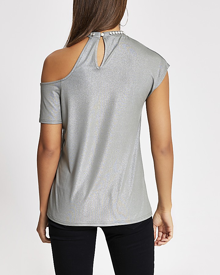 Khaki metallic cold shirt embellished top