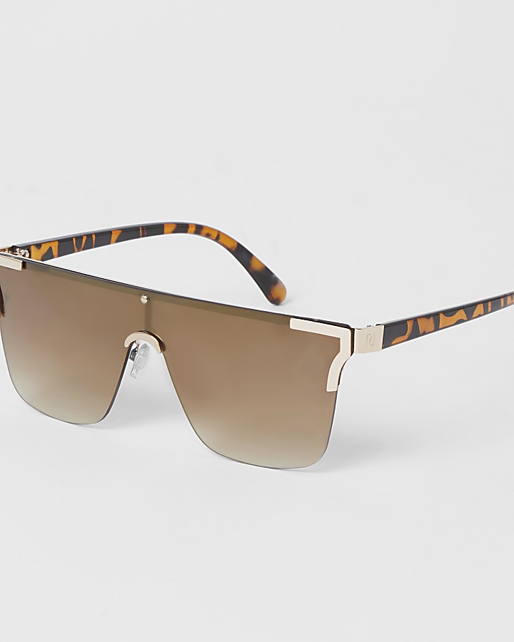 Brown metal corner rimless visor sunglasses