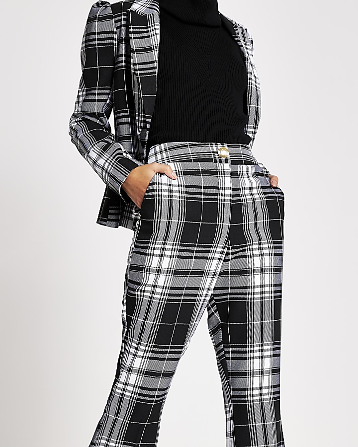 Black monochrome check flare trousers