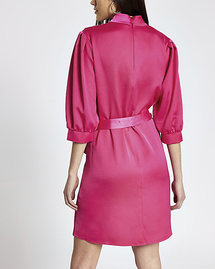 Pink button shoulder belted satin mini dress