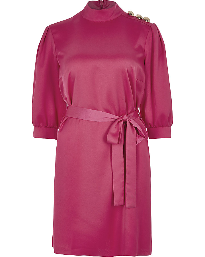 Pink button shoulder belted satin mini dress
