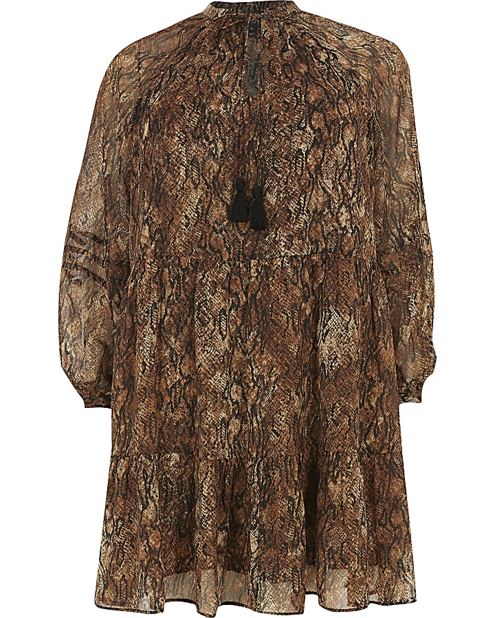 Plus brown leopard print mini smock dress