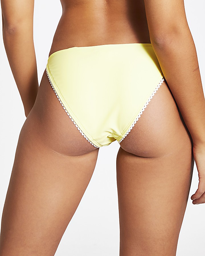 Yellow embroidered tie side bikini bottoms