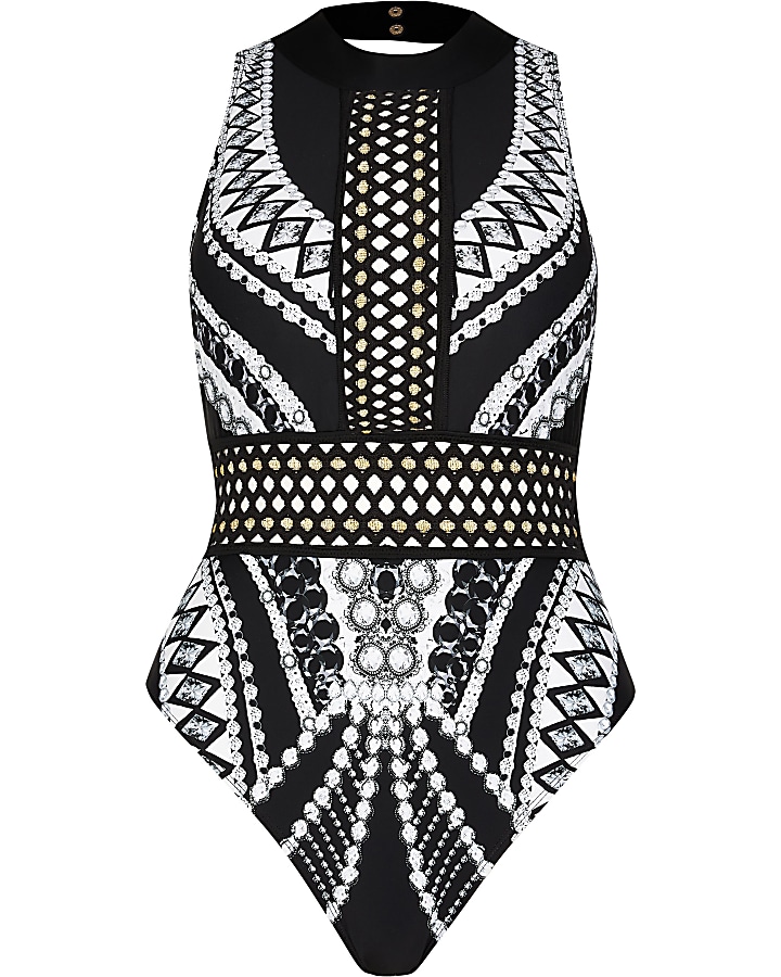 Black high neck geometric print swimsuit