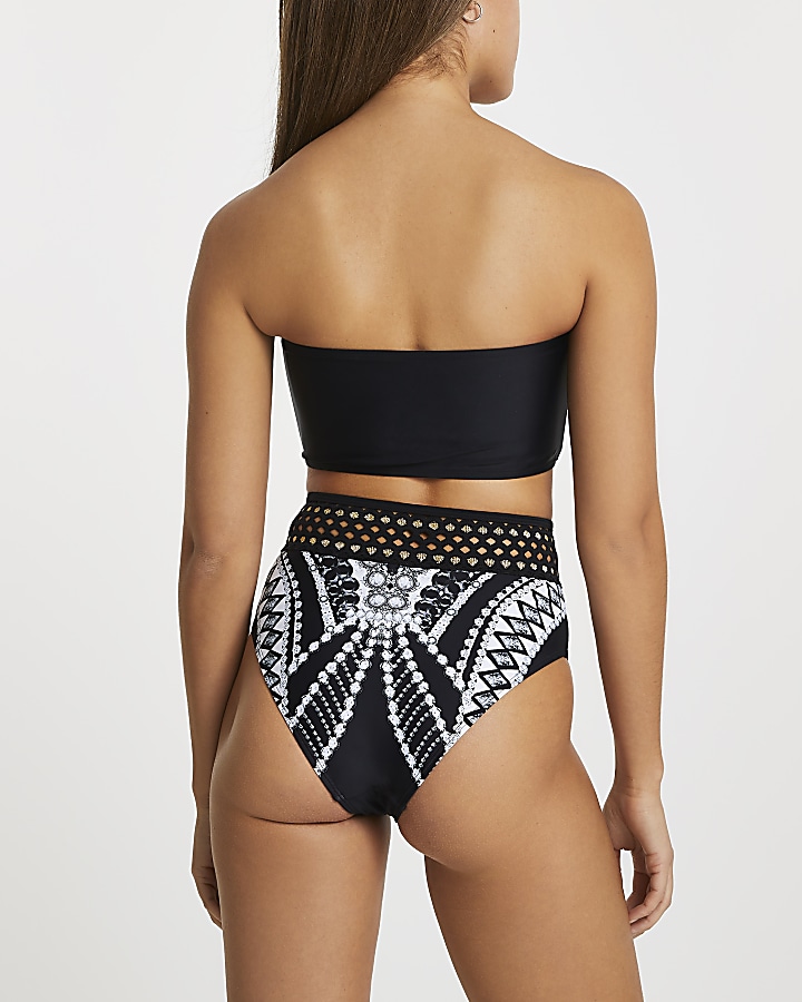 Black bandeau geometric print bikini top