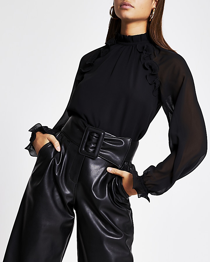 Black wire frill long sleeve sheer blouse
