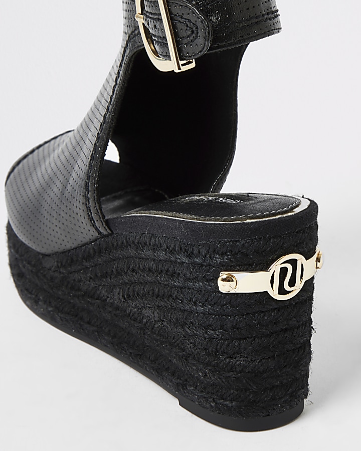 Black perforated open toe wedge sandals