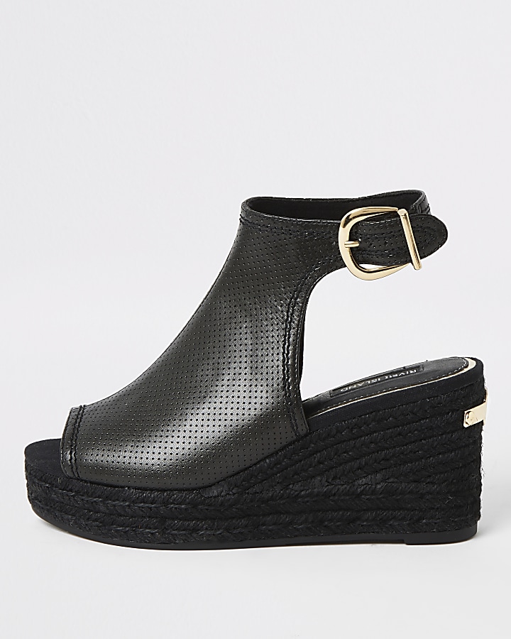 Black perforated open toe wedge sandals